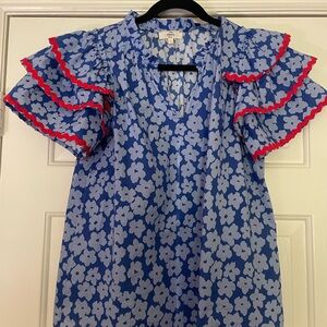 Entro Blue Floral Blouse with Red Accents